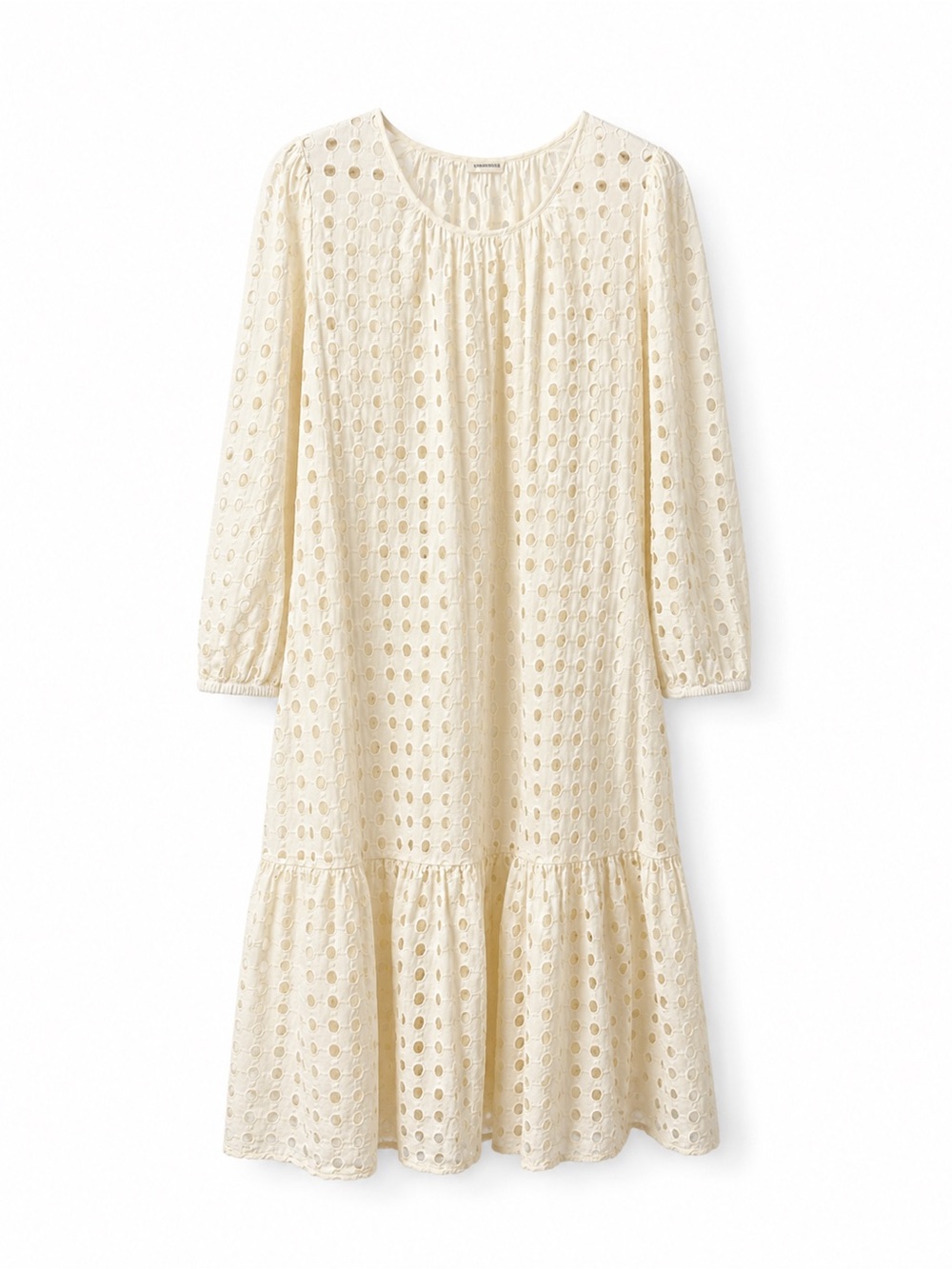 Women's Cream Eyelet Tiered Midi Dress with Long Sleeves